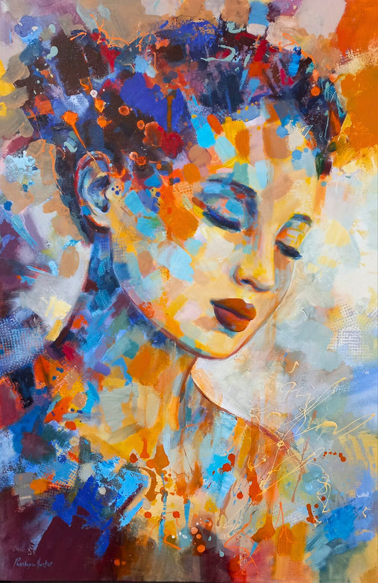 Oil painting of a woman’s face in profile, surrounded by vibrant splashes of blue, orange, red, and yellow paint.