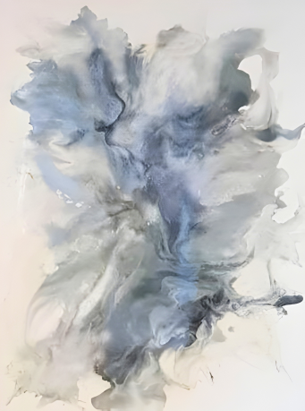 Mixed media abstract painting of soft swirling greys, whites, and blues resembling smoke or mist on a white background.