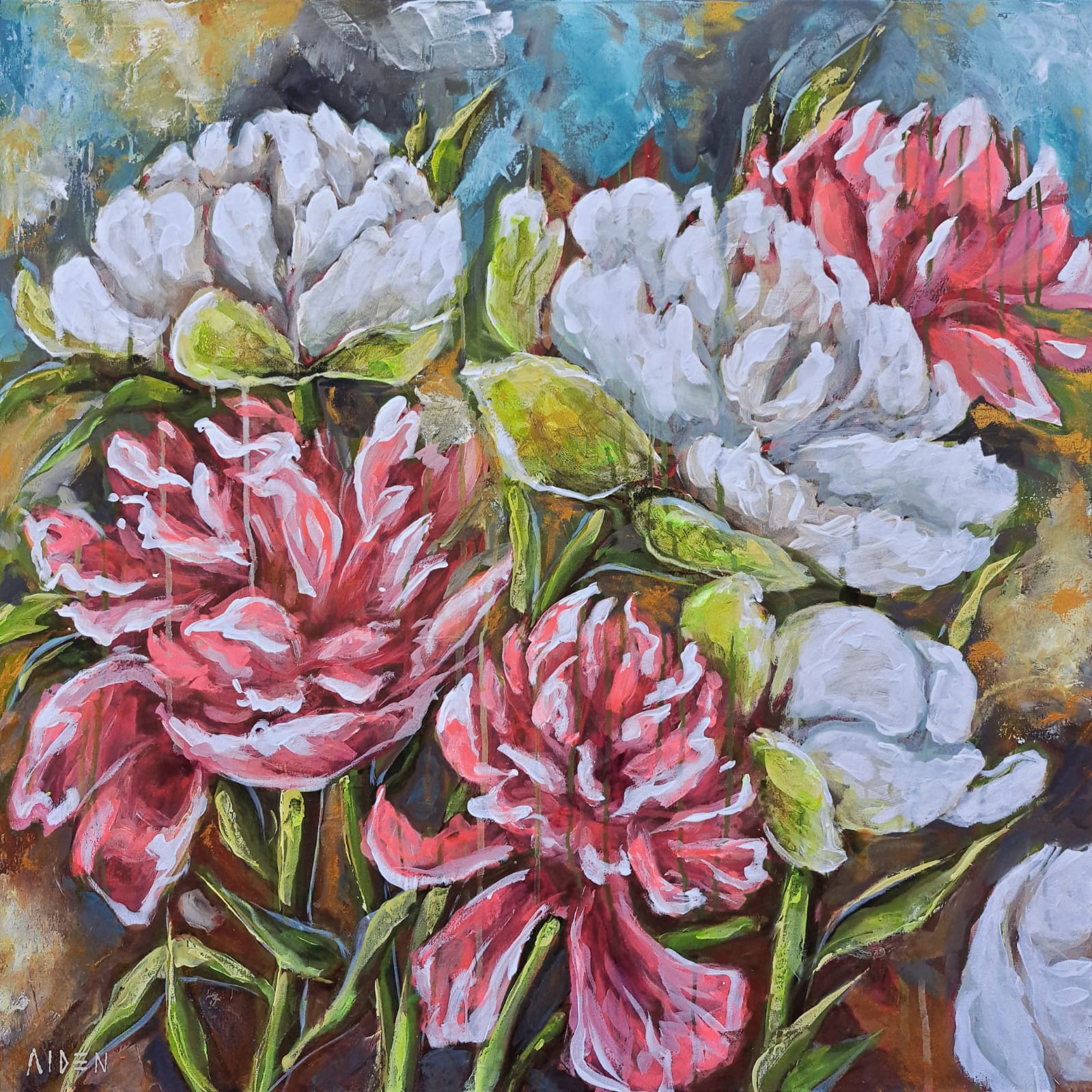 Vibrant acrylic painting of large pink and white peonies in full bloom, with green leaves and a textured blue and brown background.