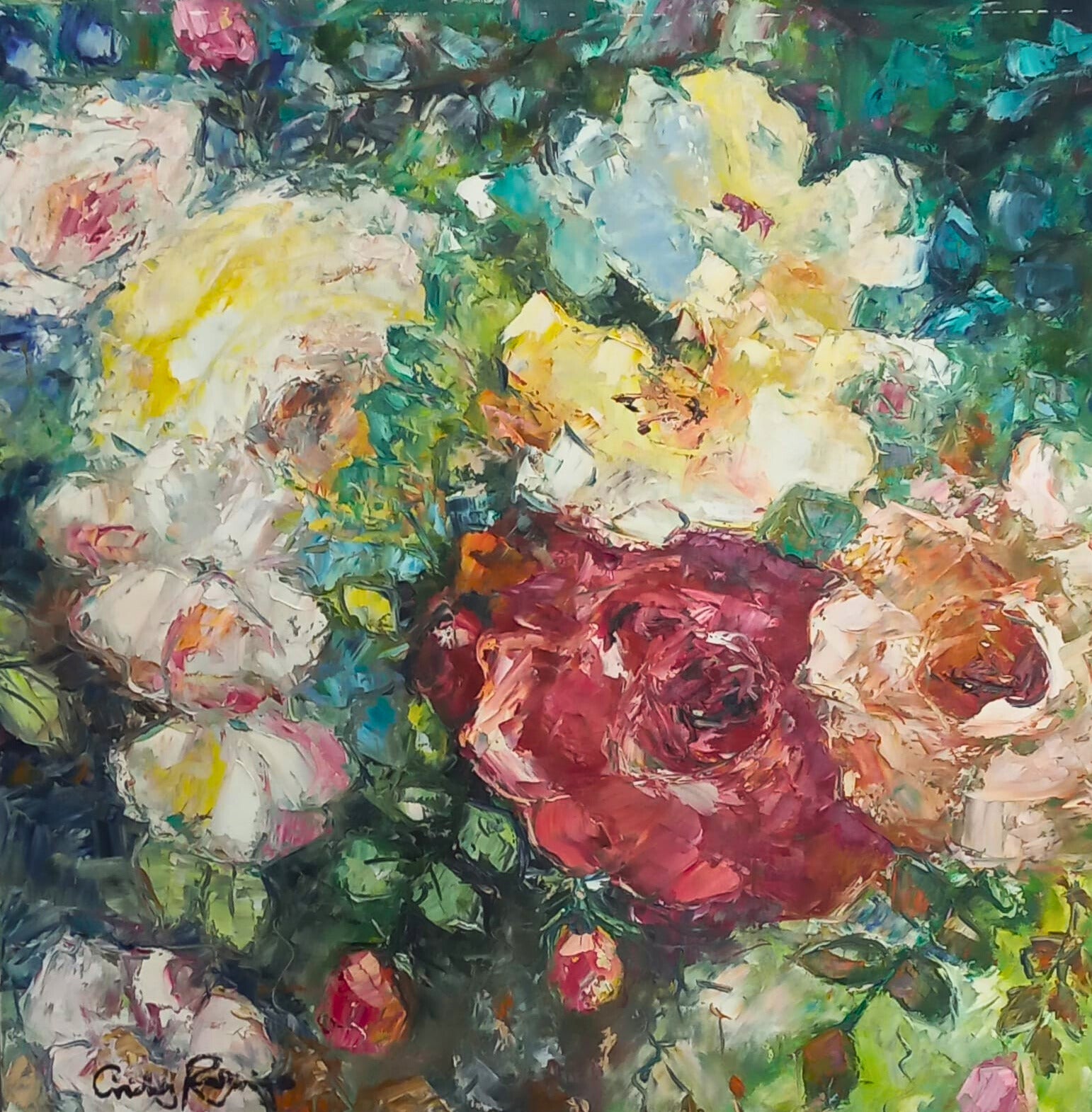 Oil painting of a deep red rose in full bloom, surrounded by softer white and pink flowers, set against a textured green and blue background.