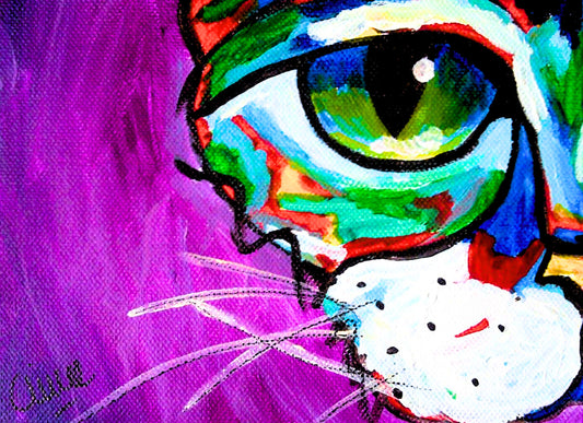 Bold abstract cat eye painting by Aimee Grautier featuring vibrant greens, blues, and reds against a rich purple background — striking pet art for contemporary interiors.