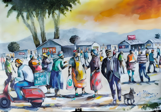 Allen Kupeta acrylic artwork on stretched canvas depicting a bustling township market scene with vendors, pedestrians, scooters and a warm sunset sky