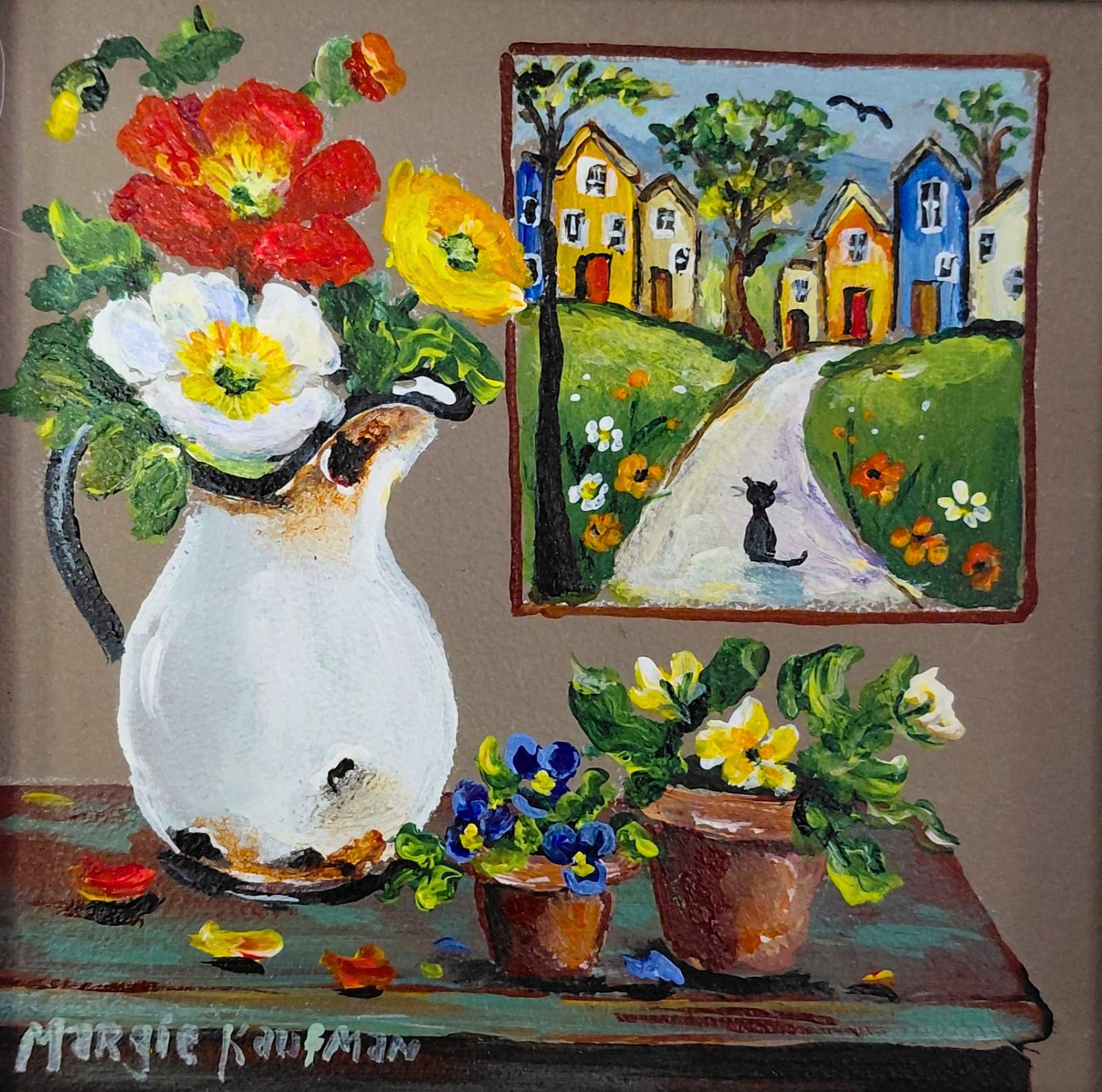 Oil painting of a white pitcher with flowers, potted pansies, and a framed village scene with a cat on the path.