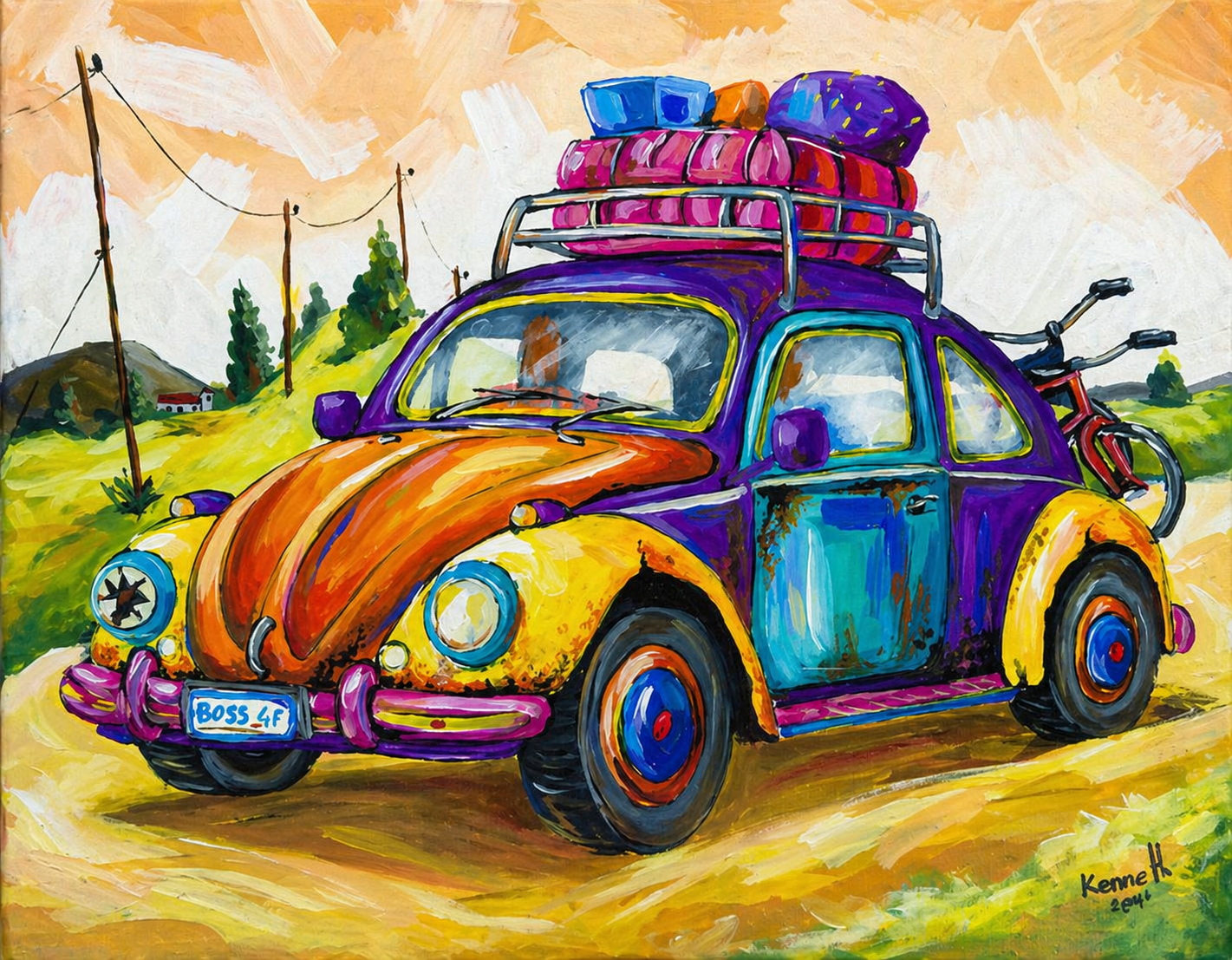 Colourful vintage Beetle artwork with luggage on the roof and a bicycle attached at the back.