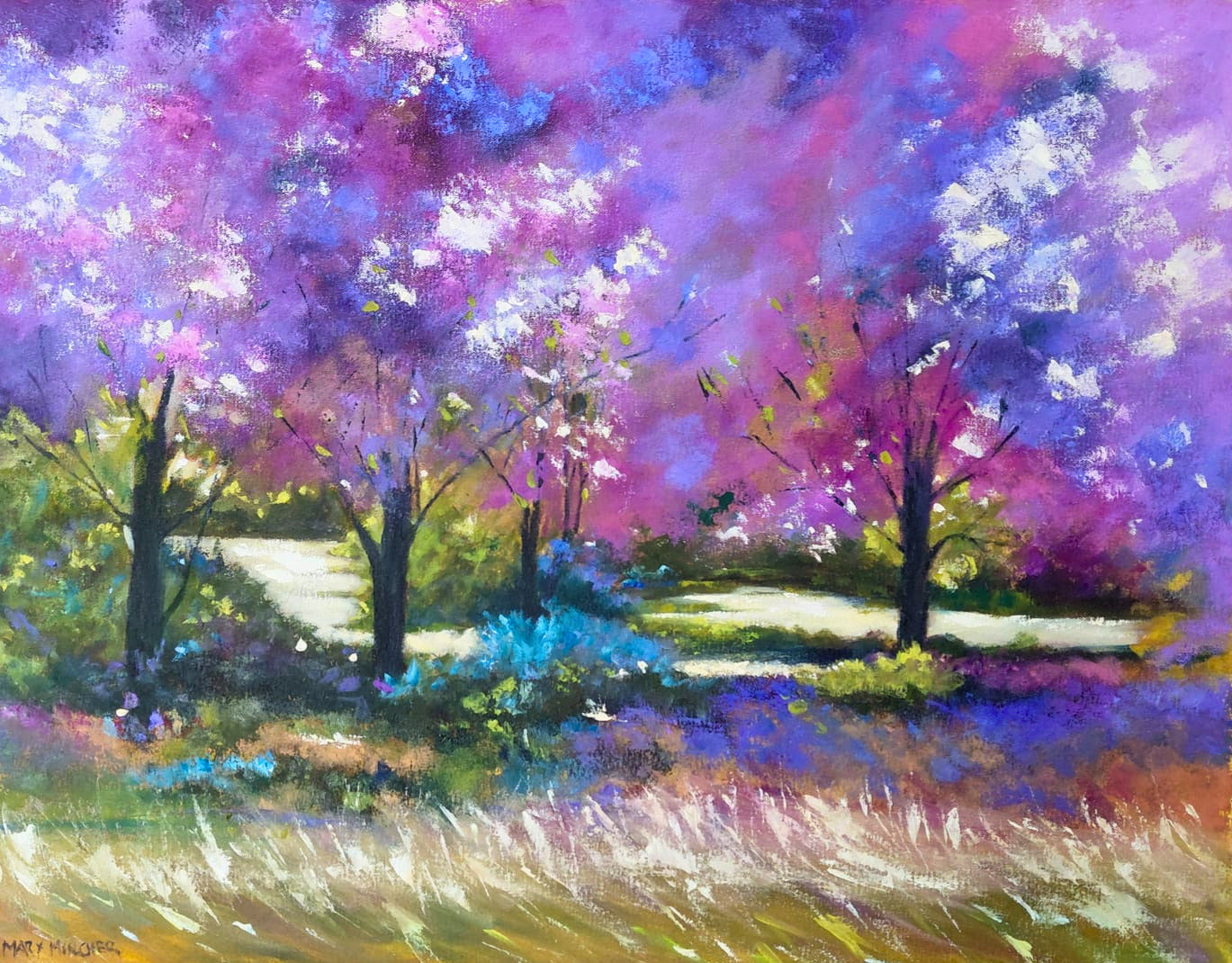 Oil painting of a path winding through a field of purple and pink trees under a soft sky.