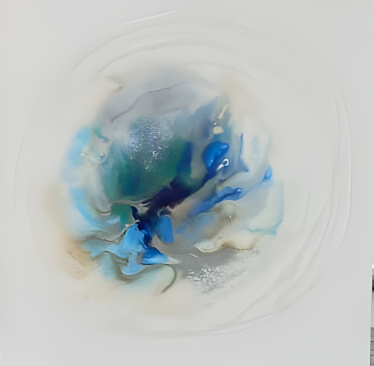 Mixed media abstract painting of a circular swirl of deep blue, grey, and white, resembling a misty vortex or underwater bloom.