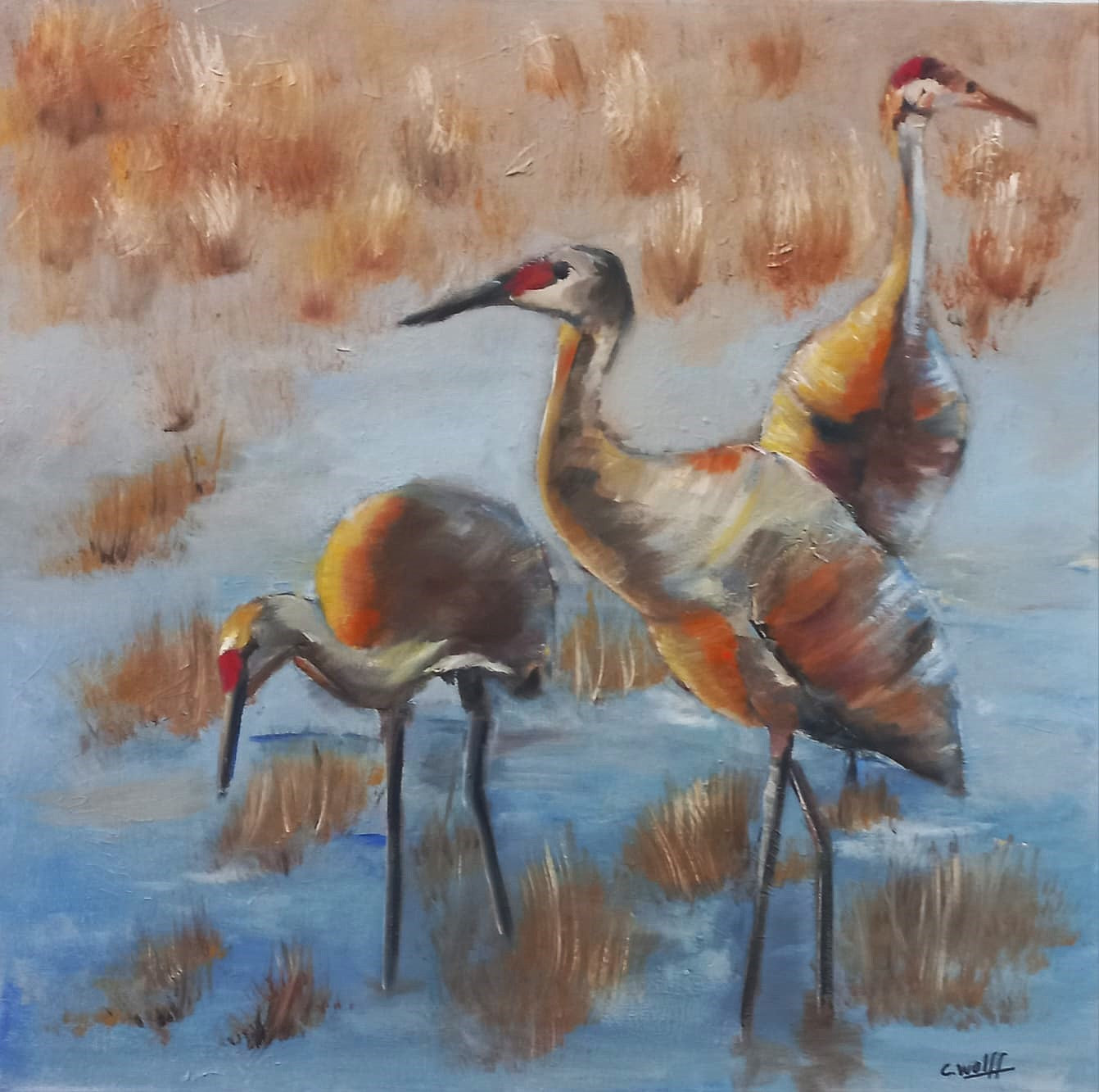 Oil painting of three cranes wading in shallow blue water, with dry golden grasses in the background, rendered in soft, textured brushstrokes.