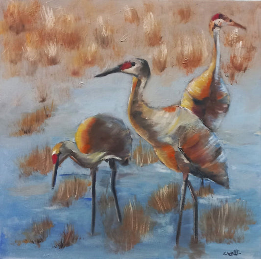 Oil painting of three cranes wading in shallow blue water, with dry golden grasses in the background, rendered in soft, textured brushstrokes.