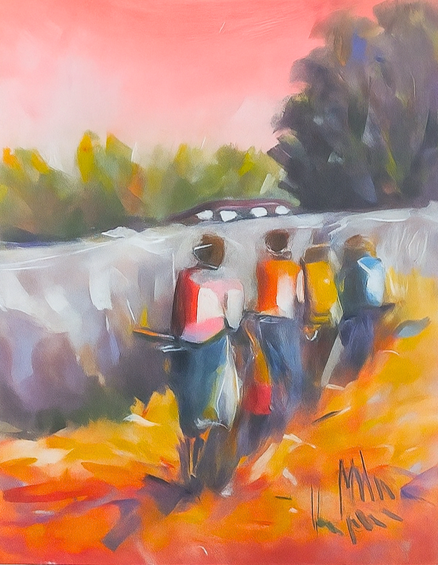 Acrylic painting of four people walking away down a sunlit path at sunset, with trees and a bridge in the background, painted in warm orange and pink tones.