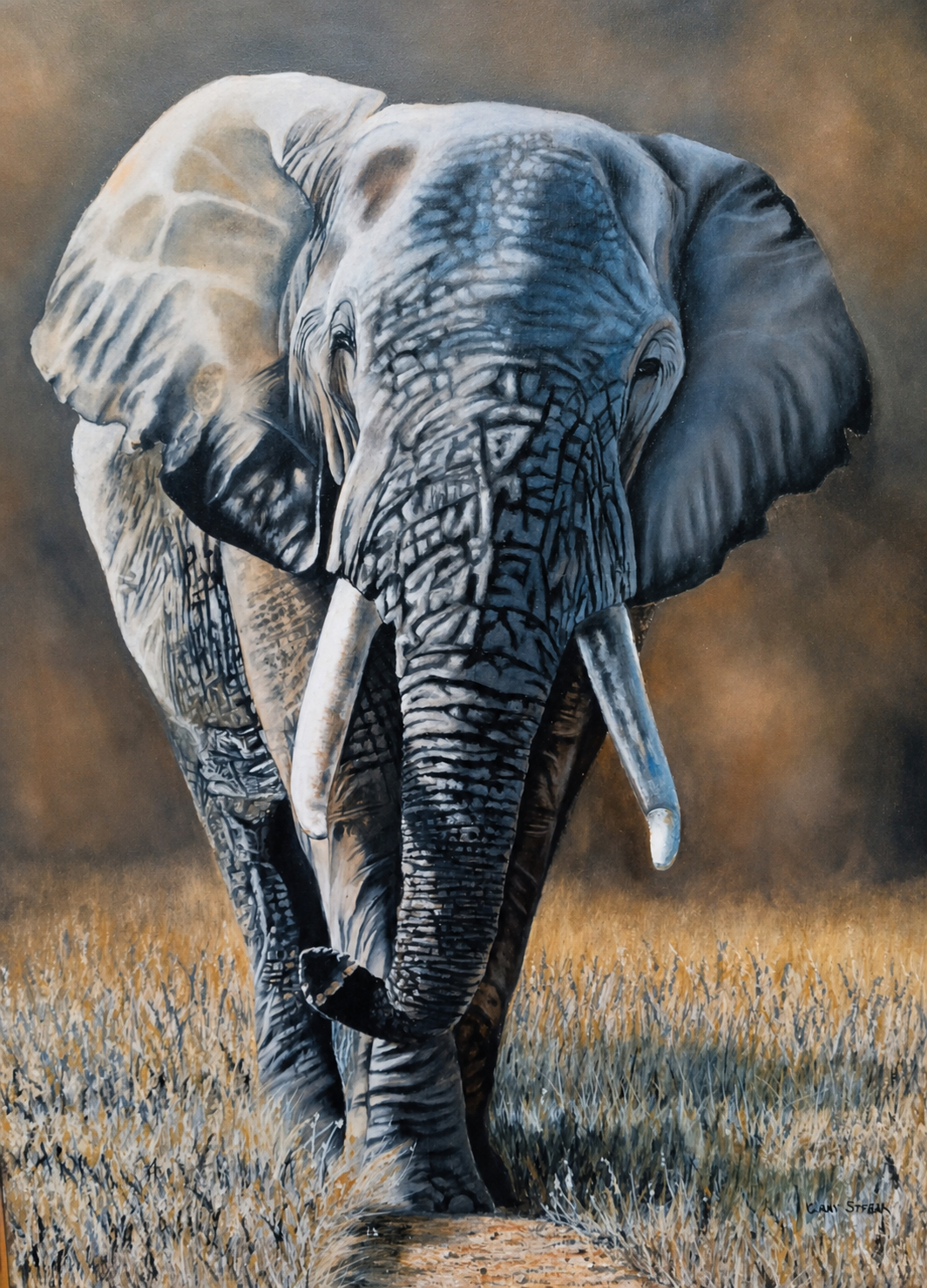 Original oil artwork featuring a powerful elephant walking forward through grassland in soft neutral tones.