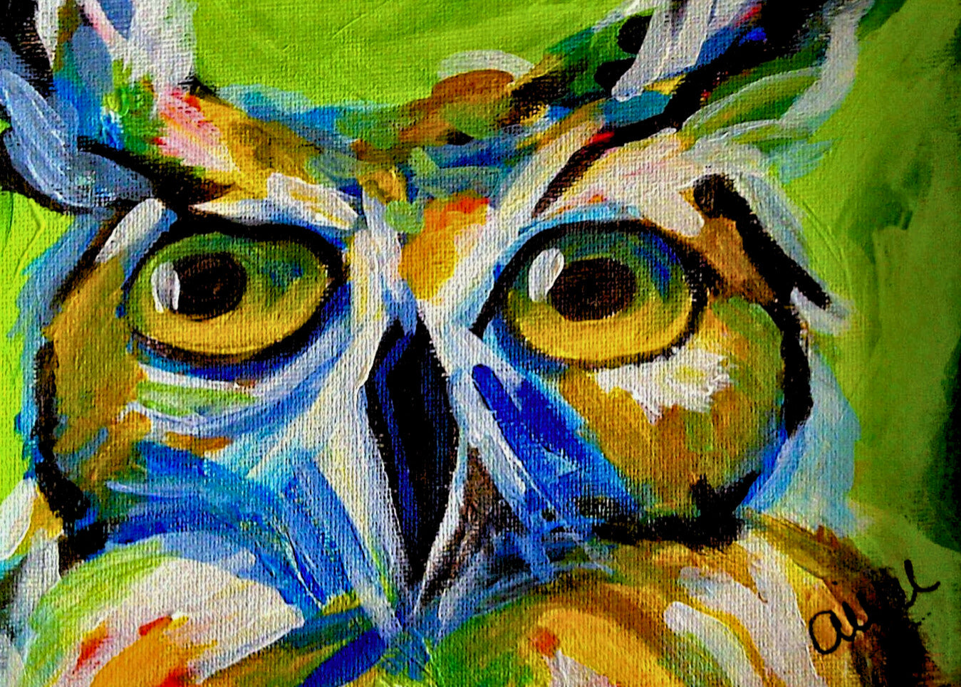 Vibrant abstract owl painting by Aimee Grautier with bold brushstrokes, green background, and expressive yellow eyes — perfect for modern wall art or nature-inspired decor.