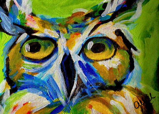 Vibrant abstract owl painting by Aimee Grautier with bold brushstrokes, green background, and expressive yellow eyes — perfect for modern wall art or nature-inspired decor.
