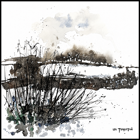Lee Templeton original landscape artwork depicting a wetland scene with reeds, distant trees and expressive monochrome detail.