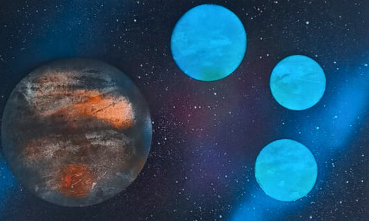 Artistic depiction of a planet with orange and brown markings alongside three blue planets against a starry space background.