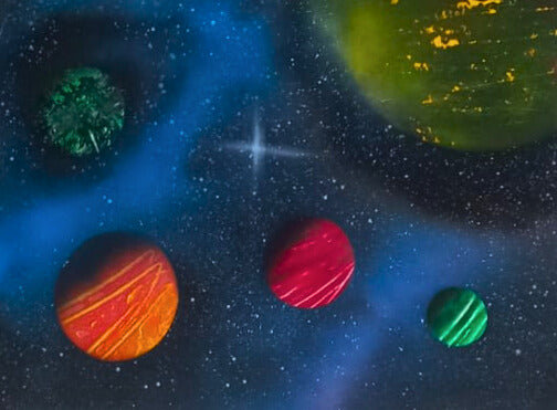 Colorful planets against a starry space background