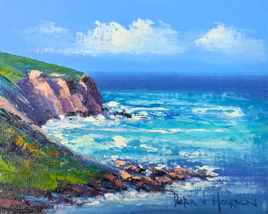 Oil painting of a rugged coastal cliff with green vegetation, crashing waves, and turquoise sea under a bright blue sky.