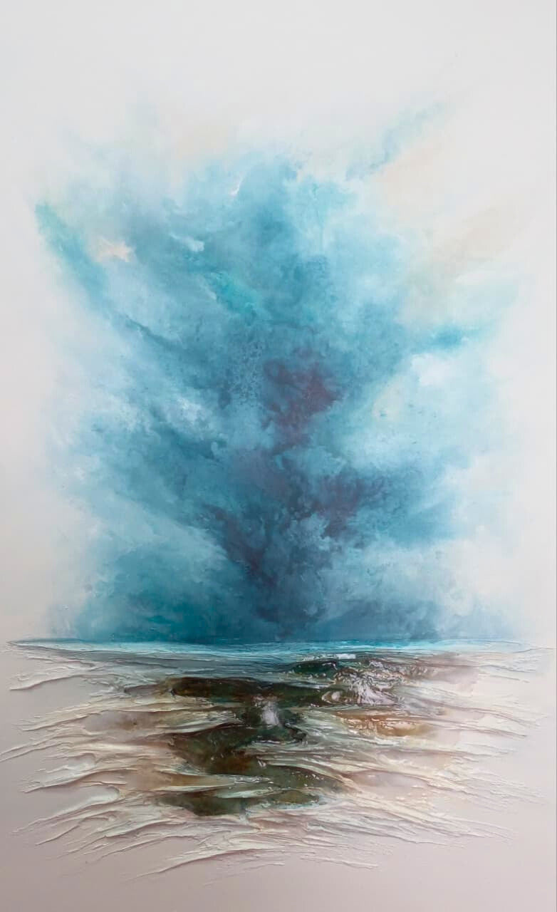 Oil painting of a swirling turquoise and grey sky over textured water and shoreline, capturing the raw energy of storm and sea.