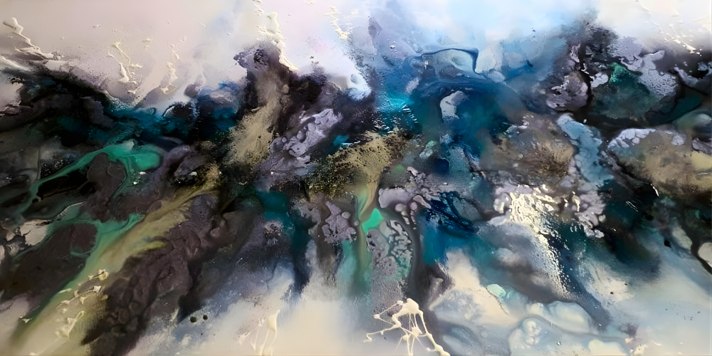 Mixed media abstract painting of swirling blue, black, and turquoise paint, resembling turbulent ocean depths with white foam and light reflections.