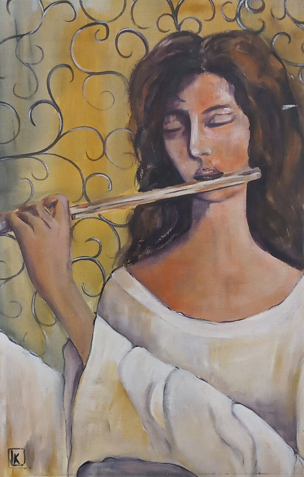 Acrylic painting of a woman with closed eyes playing a flute, dressed in white against a golden swirling background.