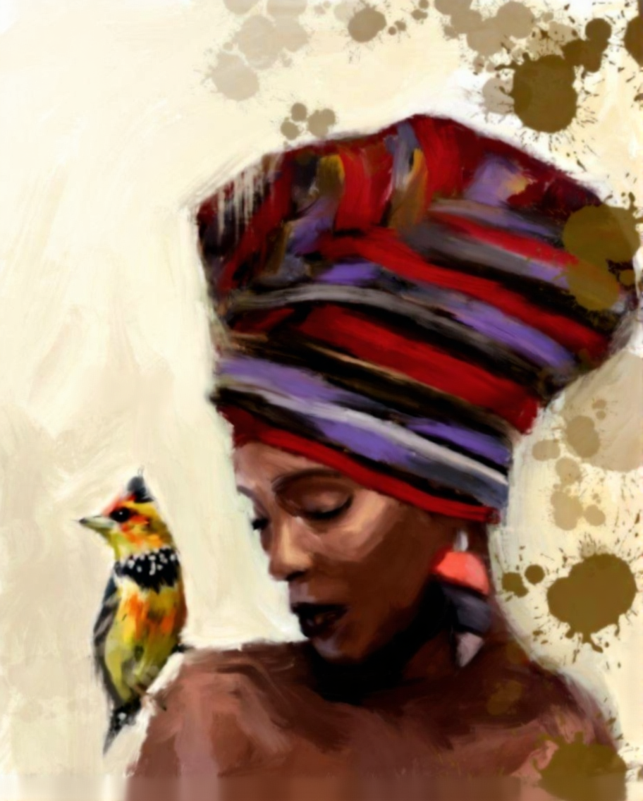 Expressive portrait by Aimee Grautier of a Black woman in a richly patterned red and purple headwrap with a colorful bird perched beside her — cultural art for modern living rooms or empowering home decor.