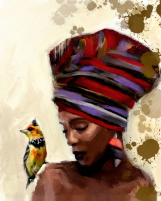 Expressive portrait by Aimee Grautier of a Black woman in a richly patterned red and purple headwrap with a colorful bird perched beside her — cultural art for modern living rooms or empowering home decor.