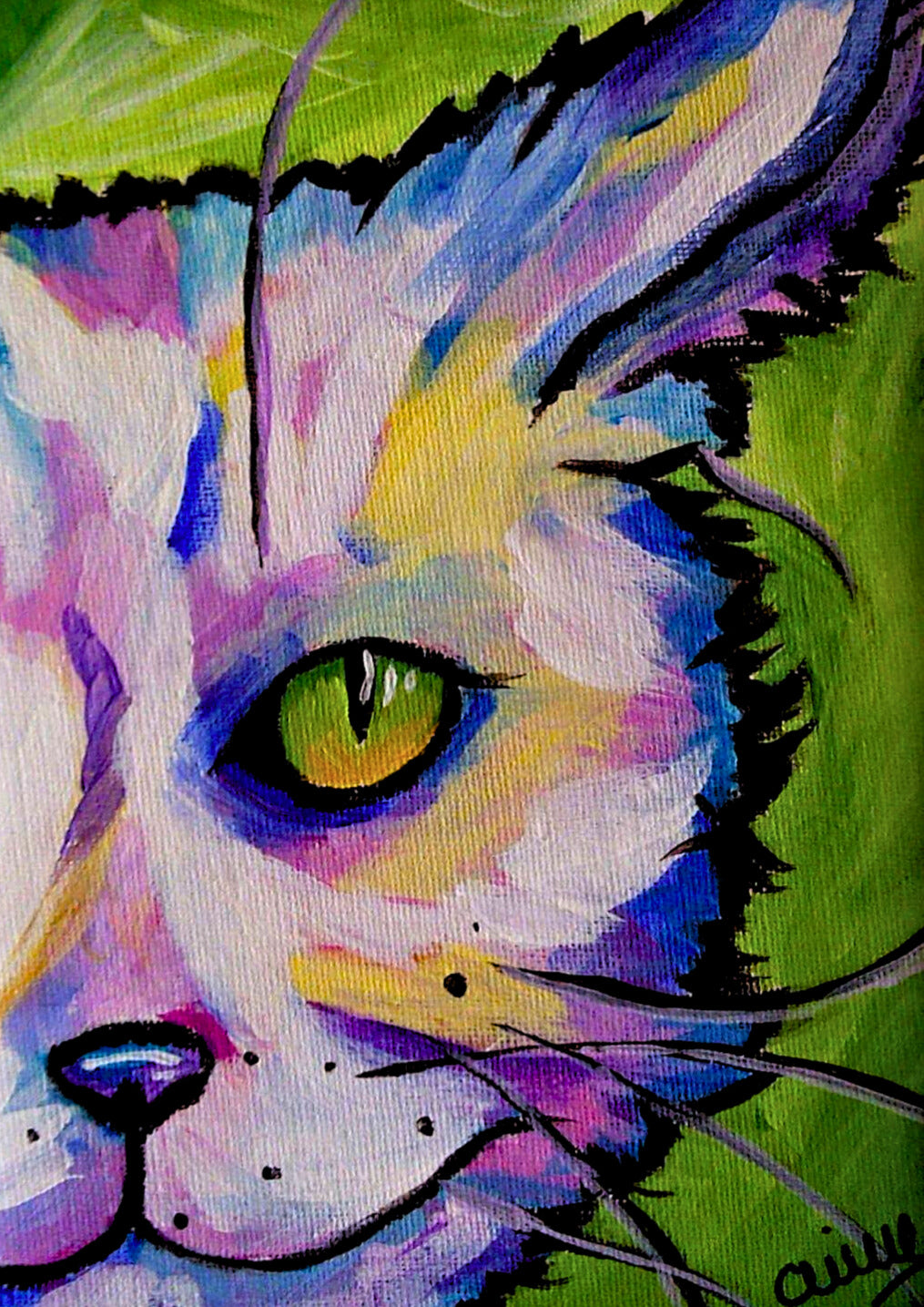 Whimsical cat profile painting by Aimee Grautier with pastel pinks, purples, and yellows on a lush green background — charming feline art for living rooms, nurseries, or cat lover gifts.
