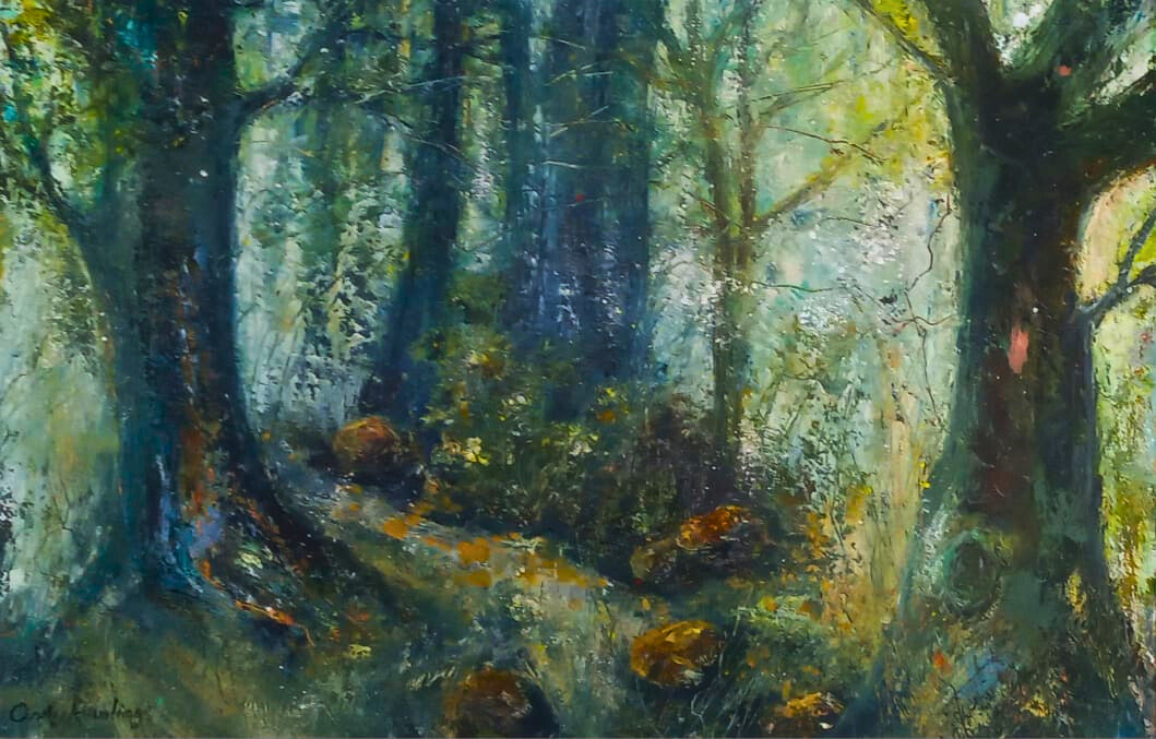 Oil painting of a misty forest path winding between tall trees, bathed in soft green and blue light, with dappled sunlight filtering through leaves.