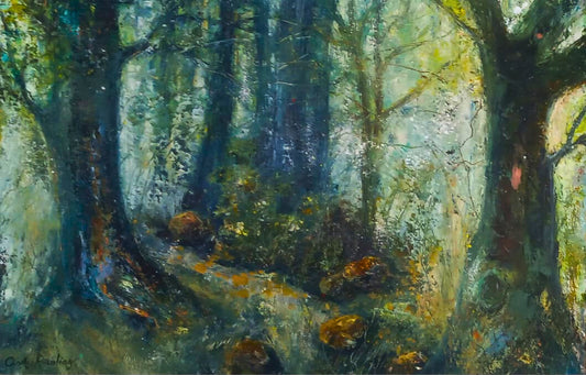 Oil painting of a misty forest path winding between tall trees, bathed in soft green and blue light, with dappled sunlight filtering through leaves.