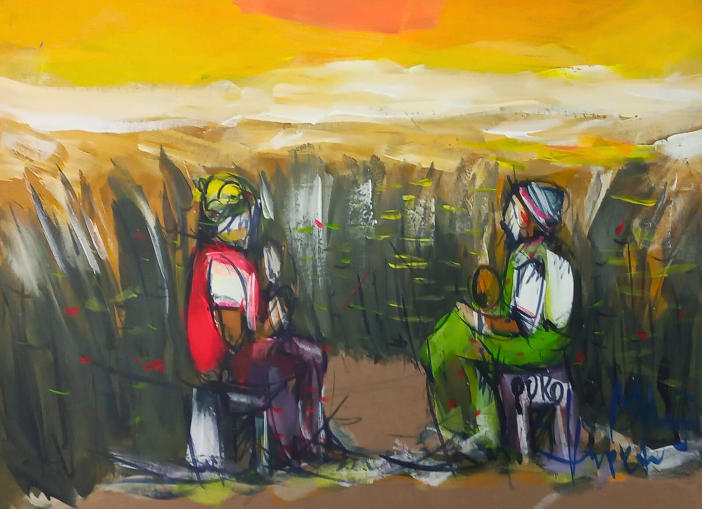 Acrylic painting of two women sitting side by side under a golden sunset sky, surrounded by tall grass and earthy tones.
