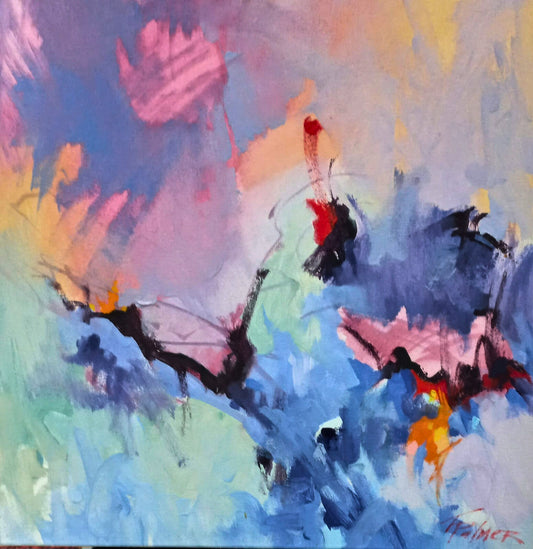 Mixed media abstract with flowing layers of violet, blue, orange, and red, intersected by black linear motifs and expressive brushwork.