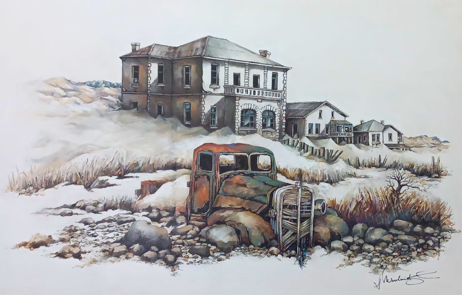 Acrylic painting of an abandoned two-story house on a sandy hill with a rusted vintage truck in front, surrounded by dry grass and rocks.
