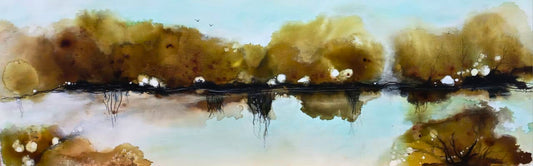 Ink painting of a misty riverbank with trees reflected in calm water, under a soft blue sky with small birds flying above.