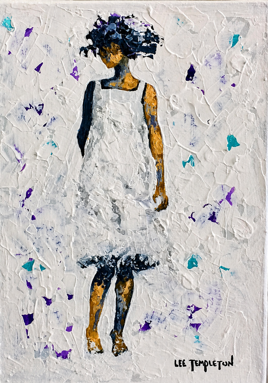 Lee Templeton original artwork showing a stylised female figure from behind in a textured white dress with teal and purple accents.