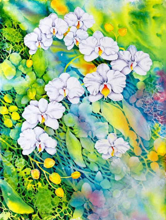 Jo Barnard acrylic artwork on stretched canvas depicting white orchids with lush green foliage and yellow buds in a vibrant botanical composition