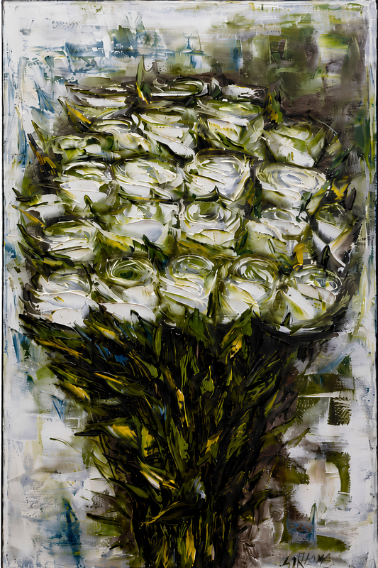 Steve Strauss oil artwork depicting a textured bouquet of white roses with rich green foliage and expressive brushwork