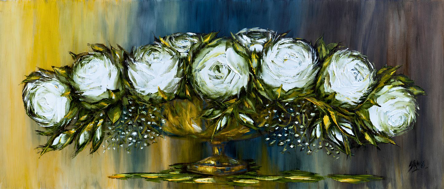 Steve Strauss oil artwork depicting white roses arranged in a glass pedestal bowl with rich green leaves and textured detail