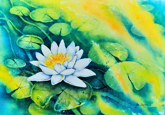 Jo Bernard original artwork featuring a single white water lily surrounded by luminous green lily pads in a bright aqua pond setting.