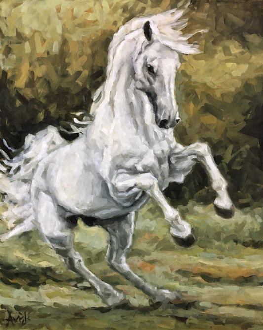 Oil painting of a white horse galloping through a green forest, mane flowing, captured in dynamic, expressive brushstrokes.