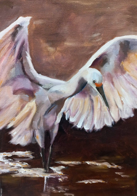 Oil painting of a white egret with wings partially unfurled, standing in shallow water against a warm brown background.
