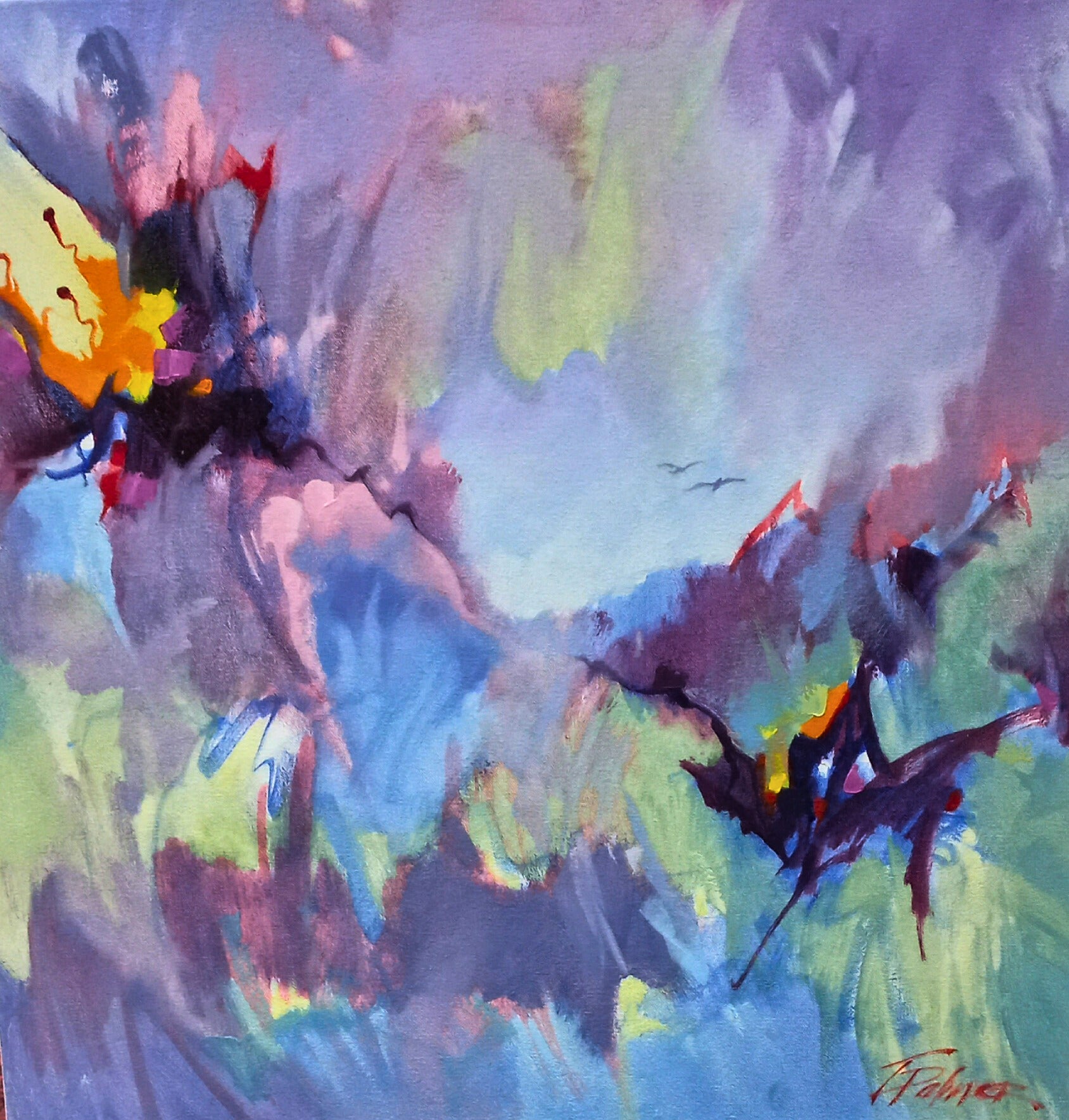 Mixed media abstract with two dark bird-like forms soaring through a vibrant sky of purple, blue, and green, with tiny distant birds above.