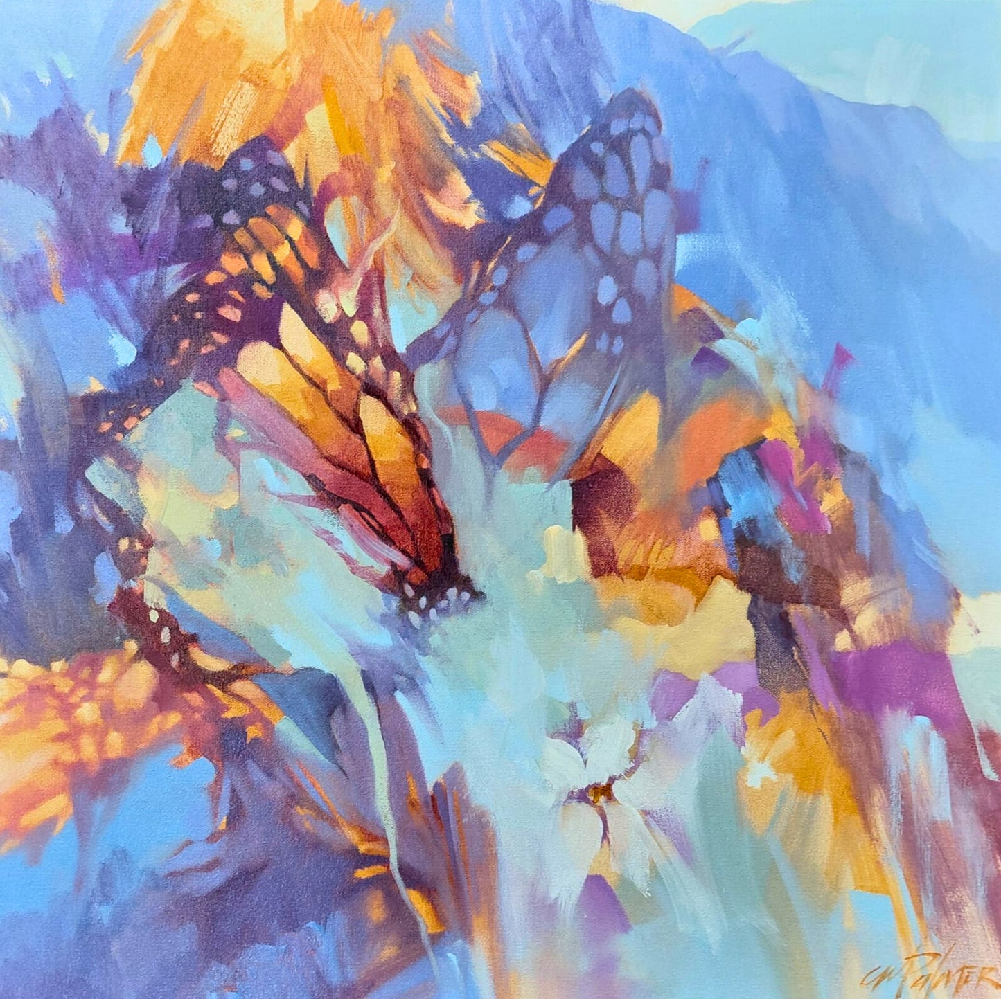 Oil painting of a butterfly with vibrant orange, blue, and purple wings against a soft sky and earth background.