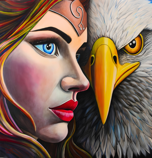 Esme Retief oil artwork on stretched canvas depicting a close-up portrait of a woman beside an eagle with bold colour and detailed realism