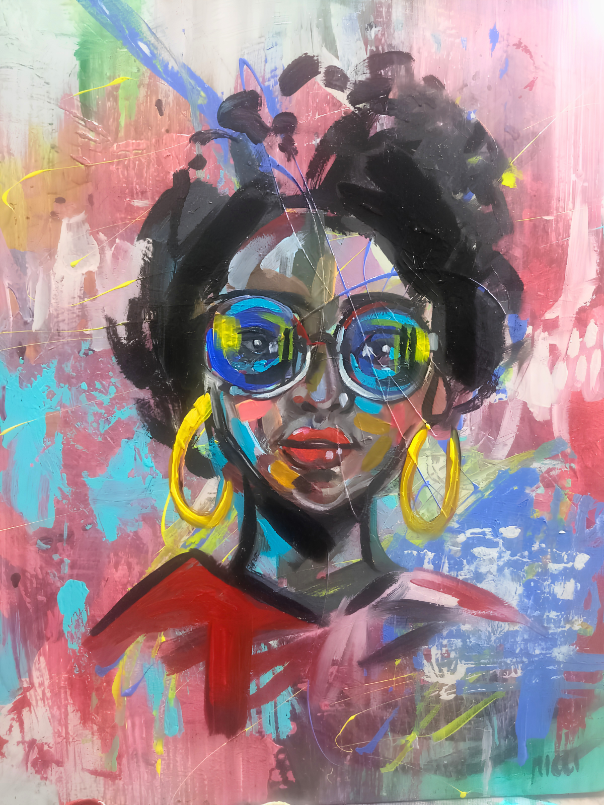 Nicci Joao mixed media artwork on stretched canvas depicting a woman with oversized blue glasses, hoop earrings and an expressive abstract background