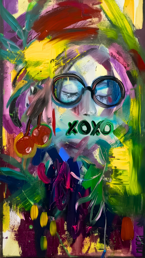 Original abstract portrait artwork featuring round sunglasses, XOXO lettering, cherries and bold colourful brushstrokes.
