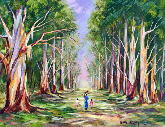 Barbara Ploner artwork depicting a family scene along a woodland path.