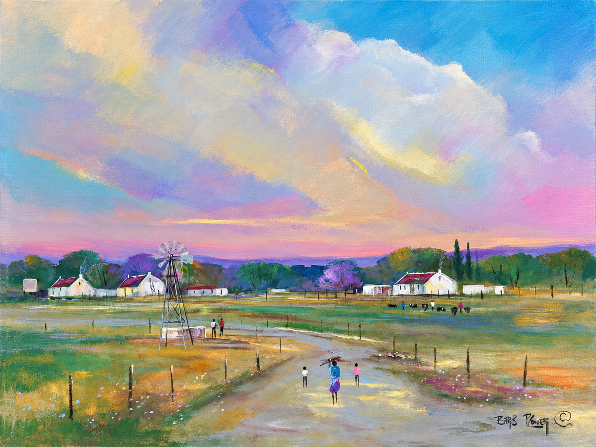 Barbara Ploner original artwork depicting a peaceful rural farm with white buildings, a windpump and figures beneath a pastel sky