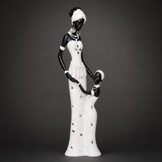 Black and White African Mother and Child Sculpture photographed on a warm beige studio background