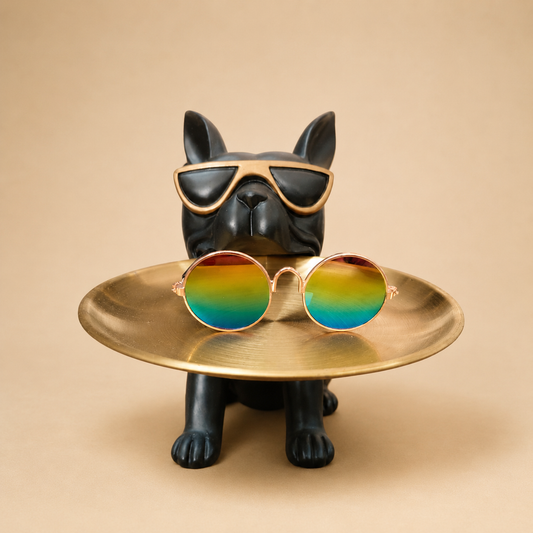 Black French Bulldog Serving Tray Figurine photographed on a warm beige studio background