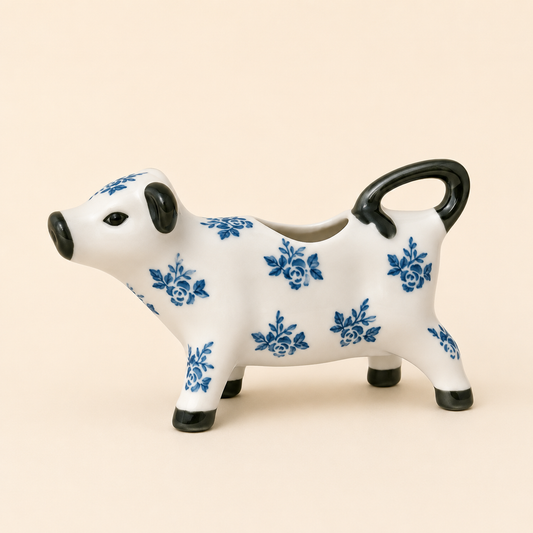 Blue and White Floral Cow Creamer Jug photographed on a warm beige studio background