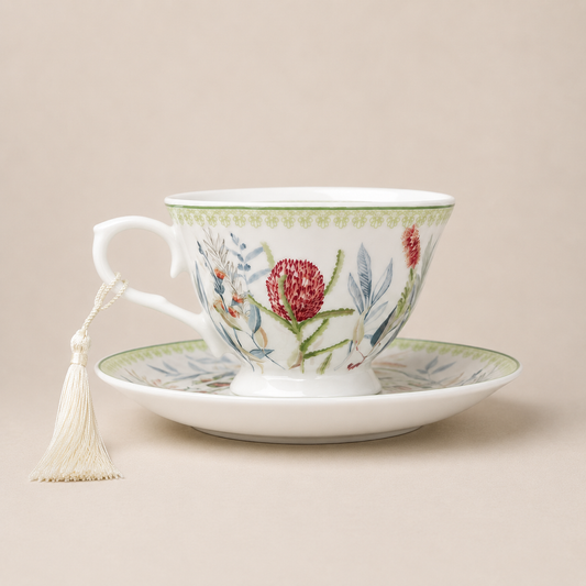 Botanical Teacup and Saucer photographed on a warm beige studio background